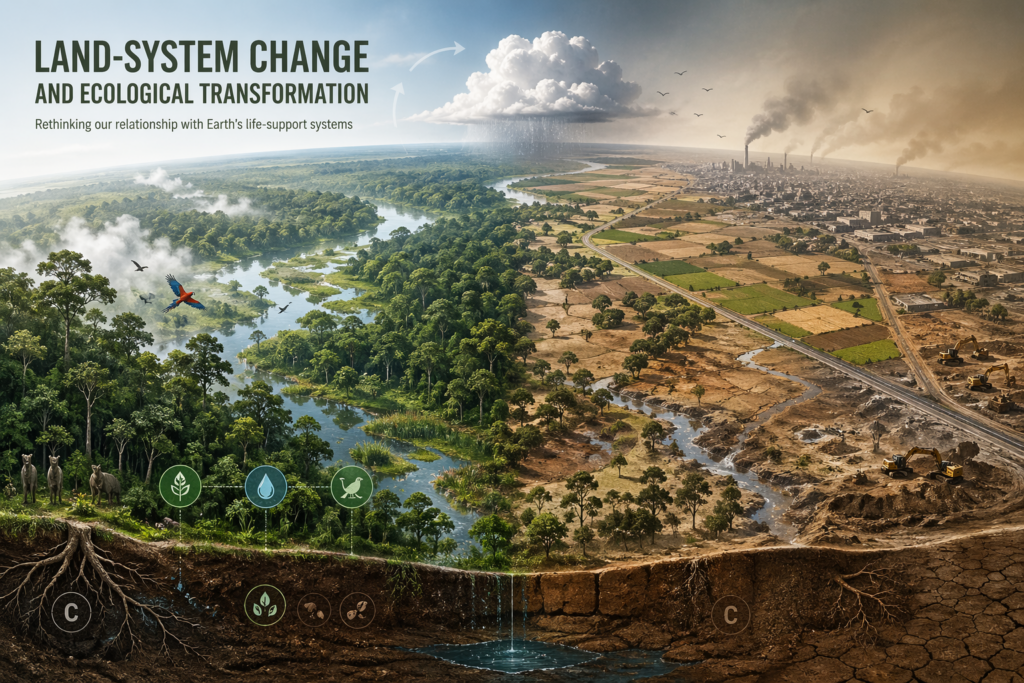 Editorial featured image showing a planetary landscape divided between an intact forest biome with wetlands, rivers, wildlife, soil roots, and moisture cycling, and a transformed human-dominated landscape with agriculture, roads, exposed soil, mining, urbanization, smoke, and ecological degradation.