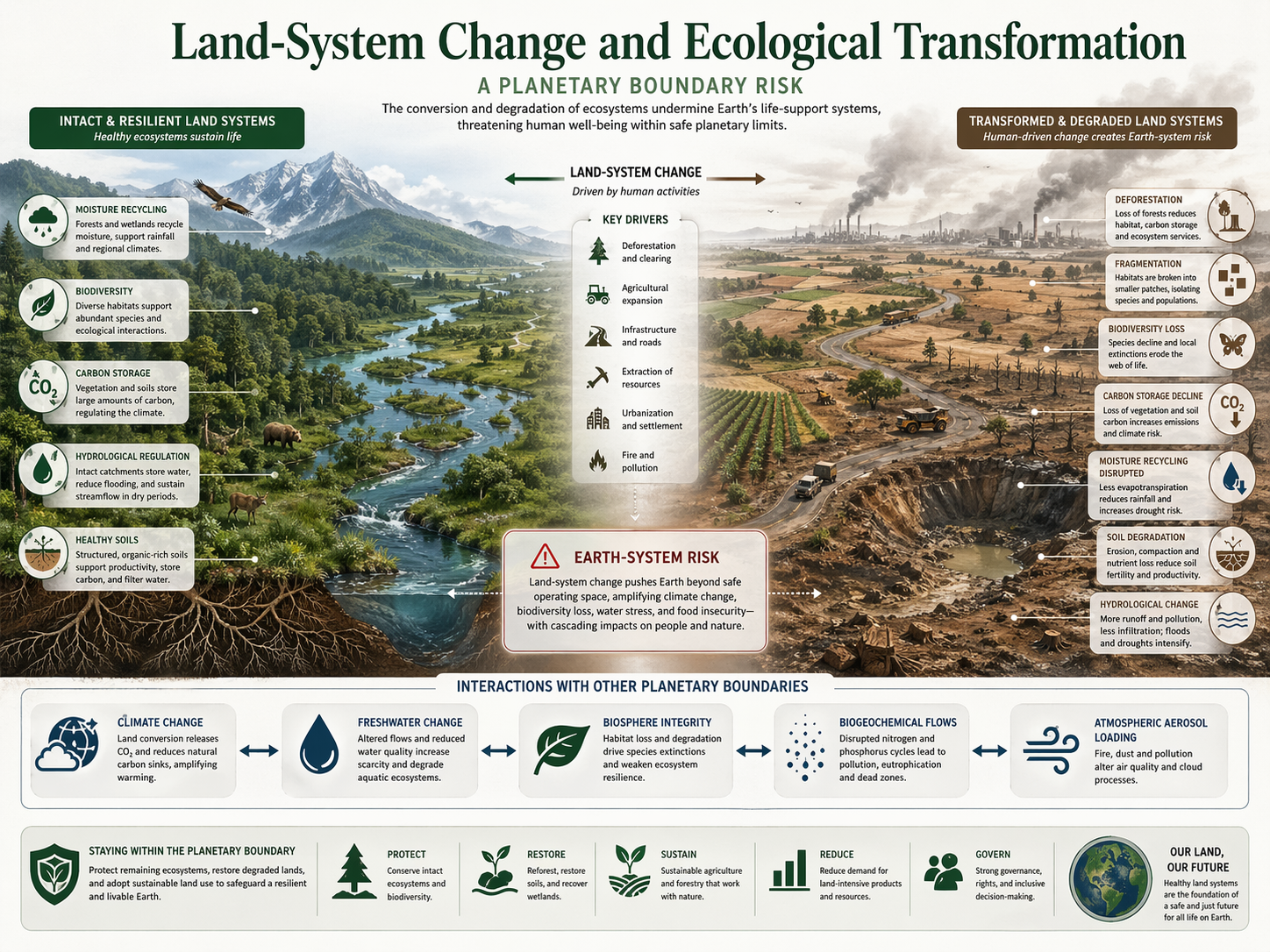 Editorial featured image showing a planetary landscape divided between an intact forest biome with wetlands, rivers, wildlife, soil roots, and moisture cycling, and a transformed human-dominated landscape with agriculture, roads, exposed soil, mining, urbanization, smoke, and ecological degradation.