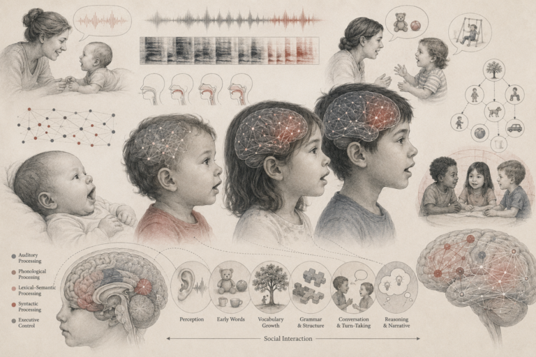 Research-grade illustration of language development showing children at different stages of speech growth, neural language networks, auditory processing, caregiver interaction, vocabulary learning, grammar, conversation, and social communication.