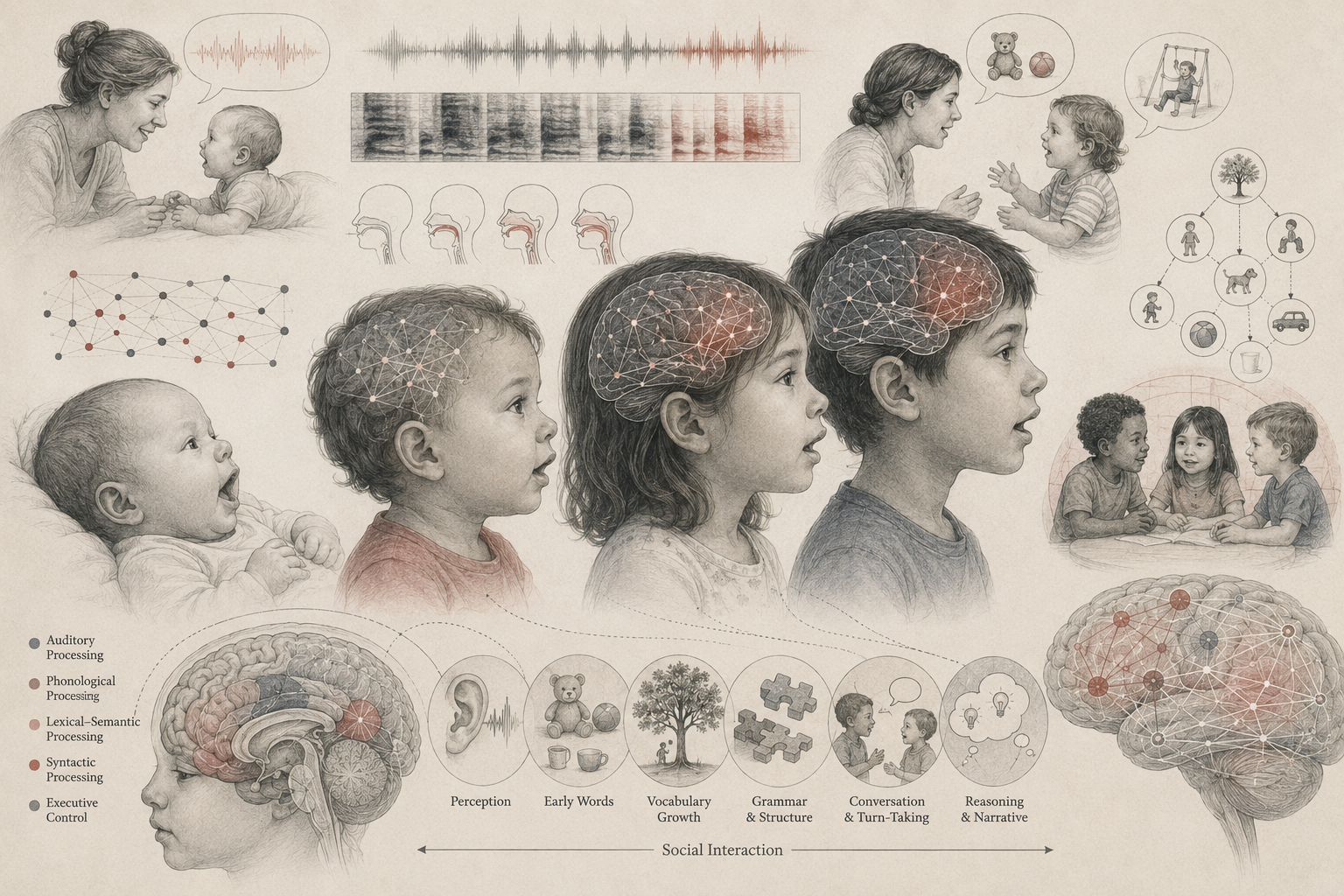 Research-grade illustration of language development showing children at different stages of speech growth, neural language networks, auditory processing, caregiver interaction, vocabulary learning, grammar, conversation, and social communication.