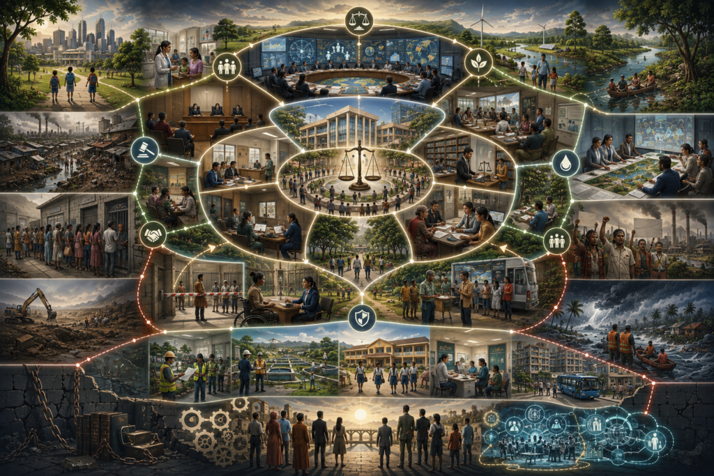 Abstract sustainability illustration of law, rights, and sustainable development, showing rule of law, access to justice, legal remedy, environmental rights, accountability, participation, non-discrimination, public power, and human dignity.