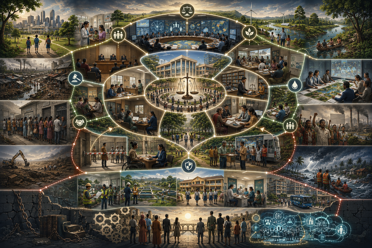 Abstract sustainability illustration of law, rights, and sustainable development, showing rule of law, access to justice, legal remedy, environmental rights, accountability, participation, non-discrimination, public power, and human dignity.