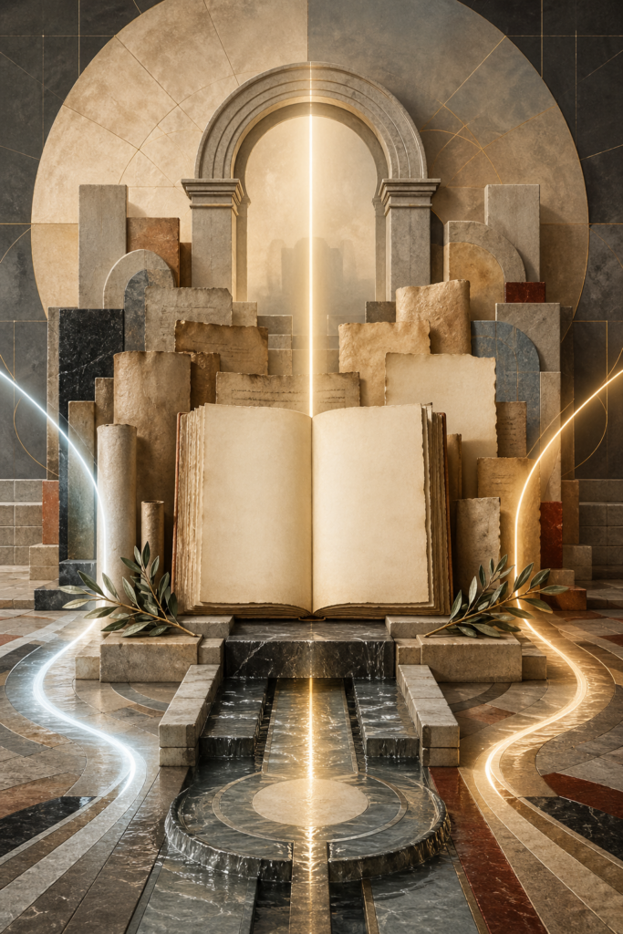 Non-figurative editorial illustration of blank legal manuscripts, threshold architecture, luminous pathways, olive branches, water traces, stone forms, and sacred geometry representing law, state power, and religious freedom in Abrahamic history.
