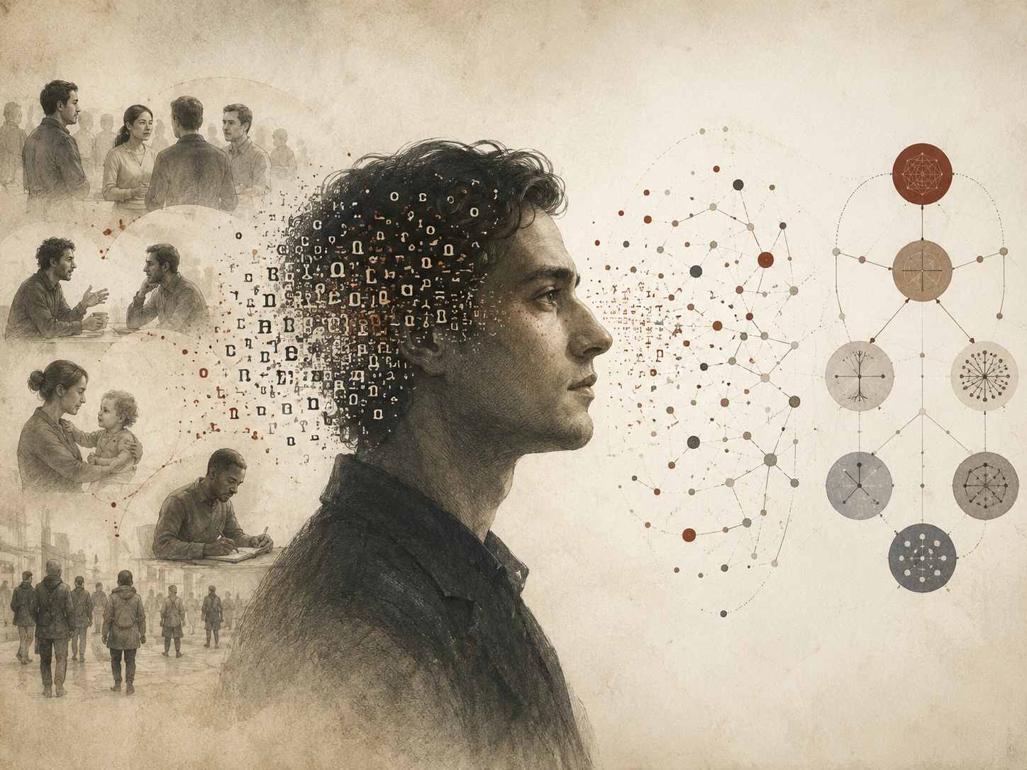 Restrained institutional illustration of a human profile with letter-like fragments emerging into network diagrams, social observation scenes, and hierarchical trait structures representing the lexical hypothesis.