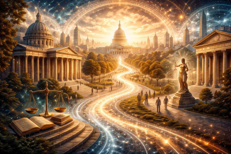 Editorial-style image of liberalism and its traditions, showing classical civic architecture, the U.S. Capitol, scales of justice, books, a luminous public boulevard, and a symbolic city of law, rights, and political order