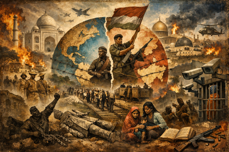 Editorial-style image depicting anti-colonial and decolonial thought through liberation fighters, partition, war, displacement, surveillance, and the fractured political geography of empire