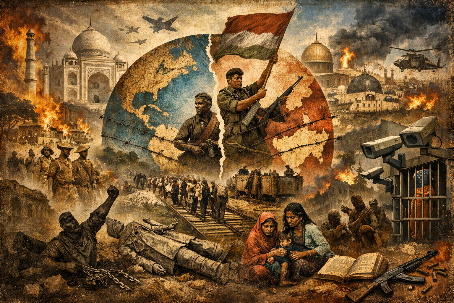 Editorial-style image depicting anti-colonial and decolonial thought through liberation fighters, partition, war, displacement, surveillance, and the fractured political geography of empire