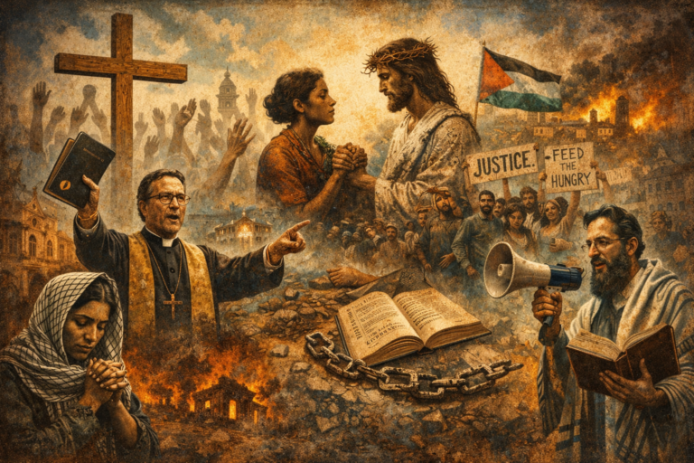 Editorial-style image depicting liberation theology through Christian, Jewish, and Muslim figures, protest, scripture, solidarity, poverty, and collective struggles for justice