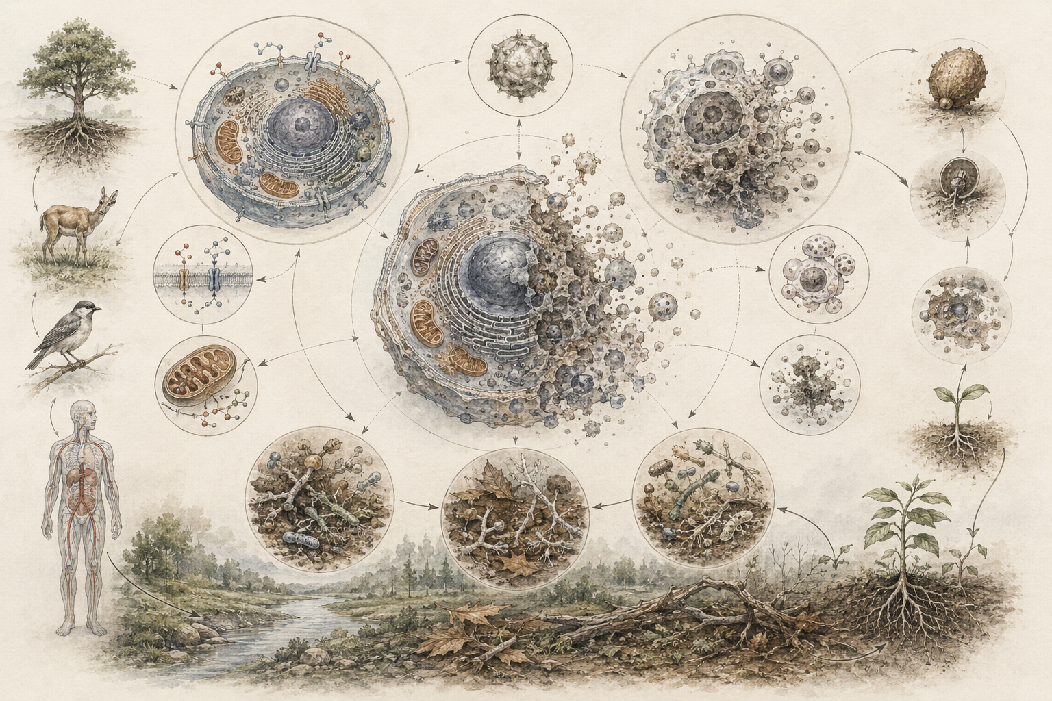 Research-grade biology illustration showing living cells, cellular breakdown, viruses, seeds, seedlings, decomposition, soil microbes, fungi, plants, animals, and human physiology connected through cycles of life, death, decay, and renewal.