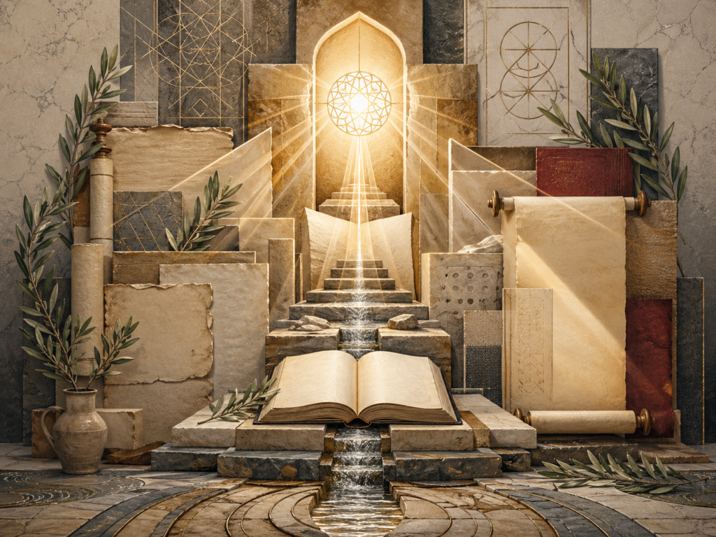 Non-figurative editorial illustration of blank manuscripts, an open book, luminous pathways, olive branches, water traces, stone thresholds, and sacred geometry representing light, wisdom, and knowledge in Abrahamic thought.
