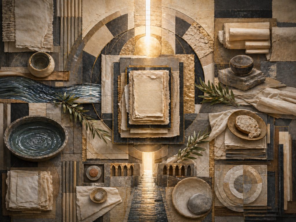 Non-figurative editorial illustration of layered parchment, folded linen, baptismal water forms, table-like sacramental surfaces, olive branches, circular calendar-like geometry, luminous thresholds, and archival textures representing liturgy, sacrament, and Christian civilization.