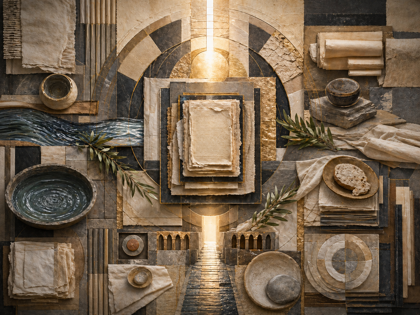 Non-figurative editorial illustration of layered parchment, folded linen, baptismal water forms, table-like sacramental surfaces, olive branches, circular calendar-like geometry, luminous thresholds, and archival textures representing liturgy, sacrament, and Christian civilization.