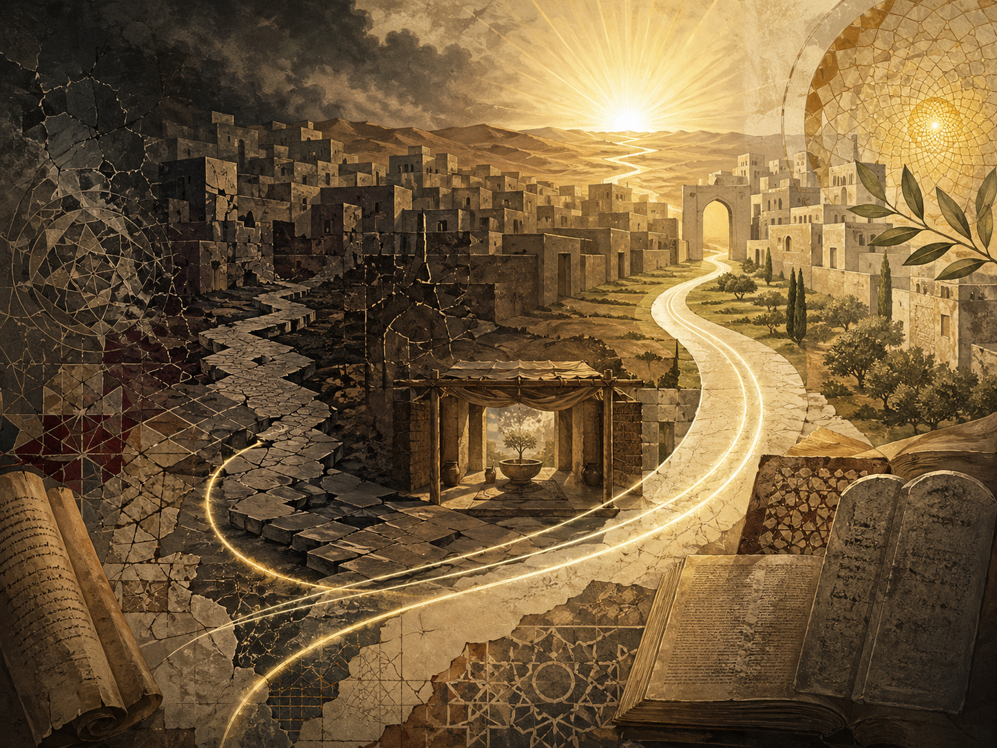Editorial illustration of Lot / Lut and the moral order of community shown through an abstract ancient city divided between fractured darkness and ordered light, with a glowing path, open shelter, manuscripts, stone forms, and a radiant desert horizon.