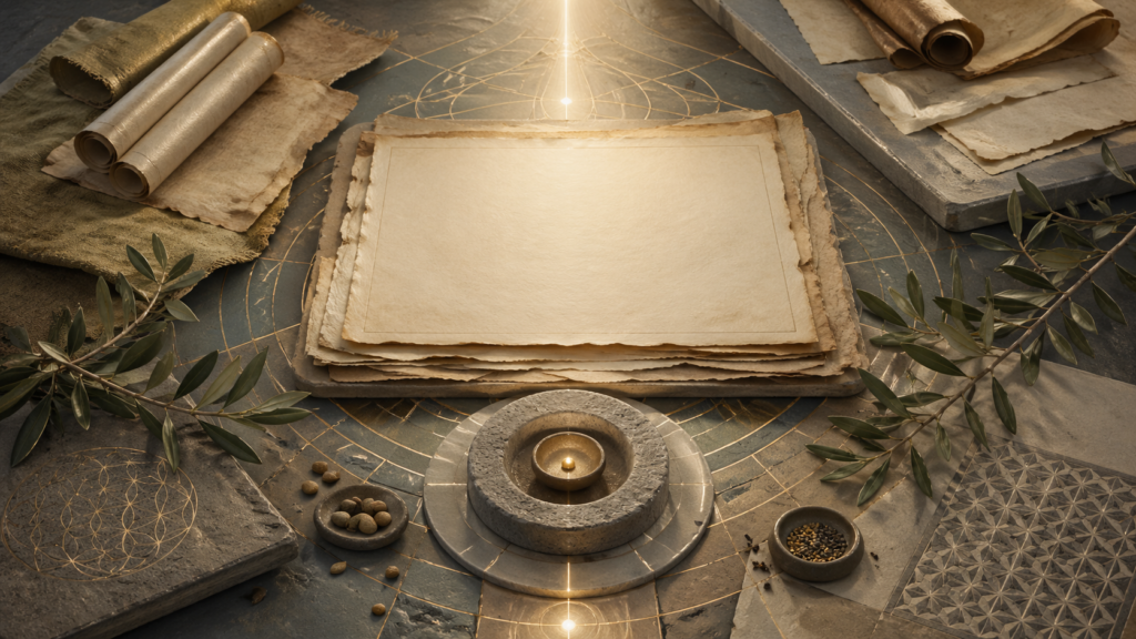 Non-figurative editorial illustration of blank parchment, scrolls, olive branches, seed-like forms, stone geometry, and warm light representing Luqman’s wisdom and moral counsel in the Qur’an.