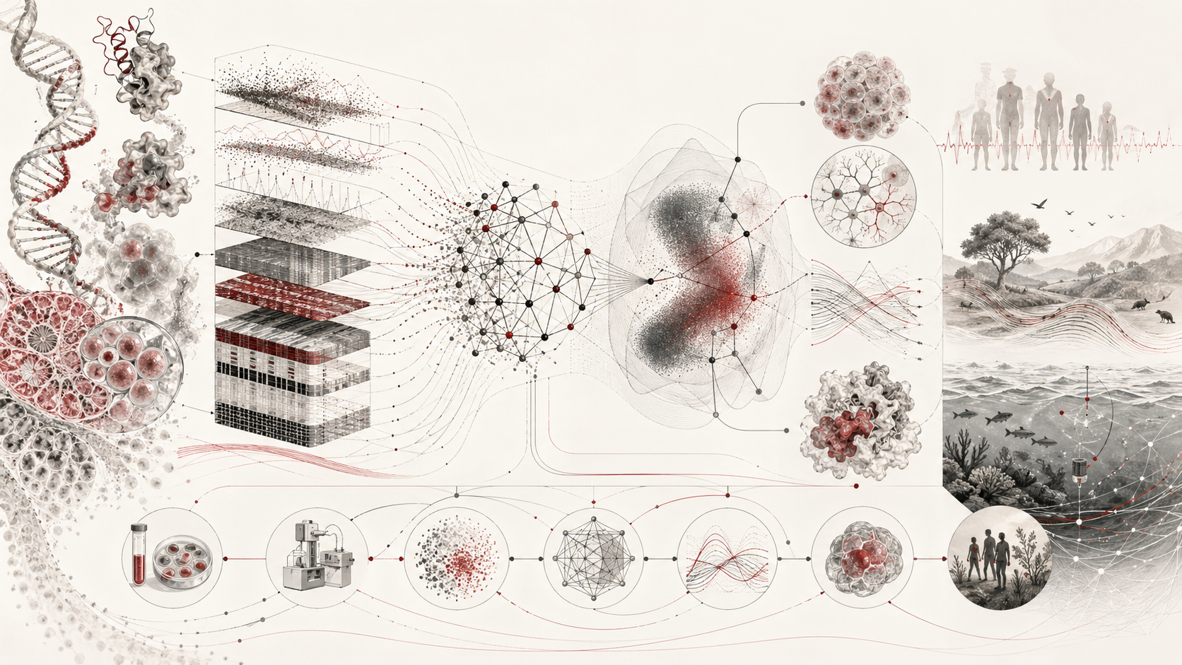 Abstract scientific illustration of machine learning in the life sciences showing molecular data, cell clusters, biological networks, model-validation pathways, ecological signals, clinical measurements, and reproducible computational workflows without text or labels.
