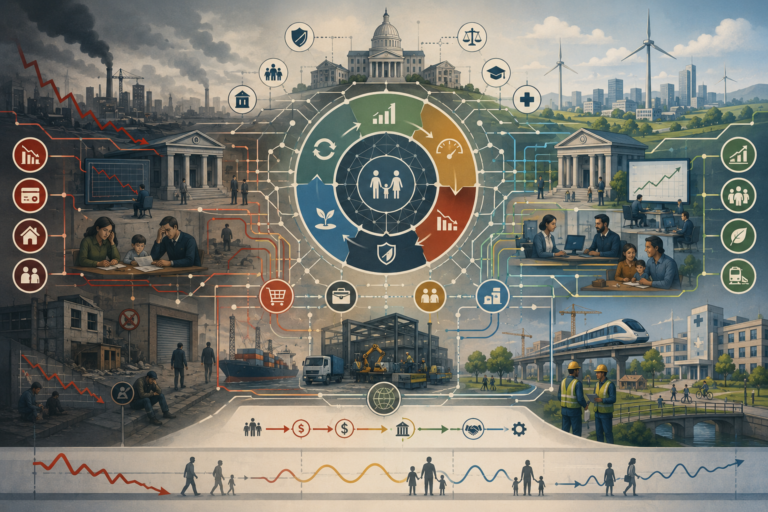 Editorial systems illustration showing business cycles, macroeconomic crisis, falling demand, job losses, credit contraction, policy response, public investment, household security, and resilient economic recovery.