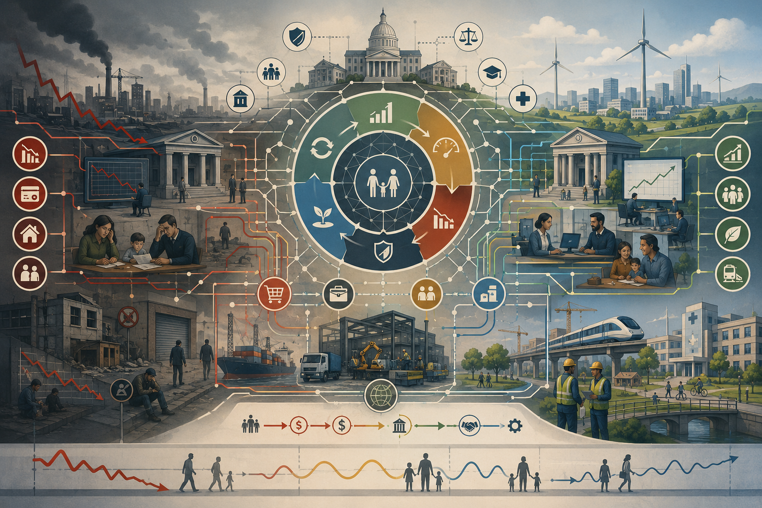 Editorial systems illustration showing business cycles, macroeconomic crisis, falling demand, job losses, credit contraction, policy response, public investment, household security, and resilient economic recovery.