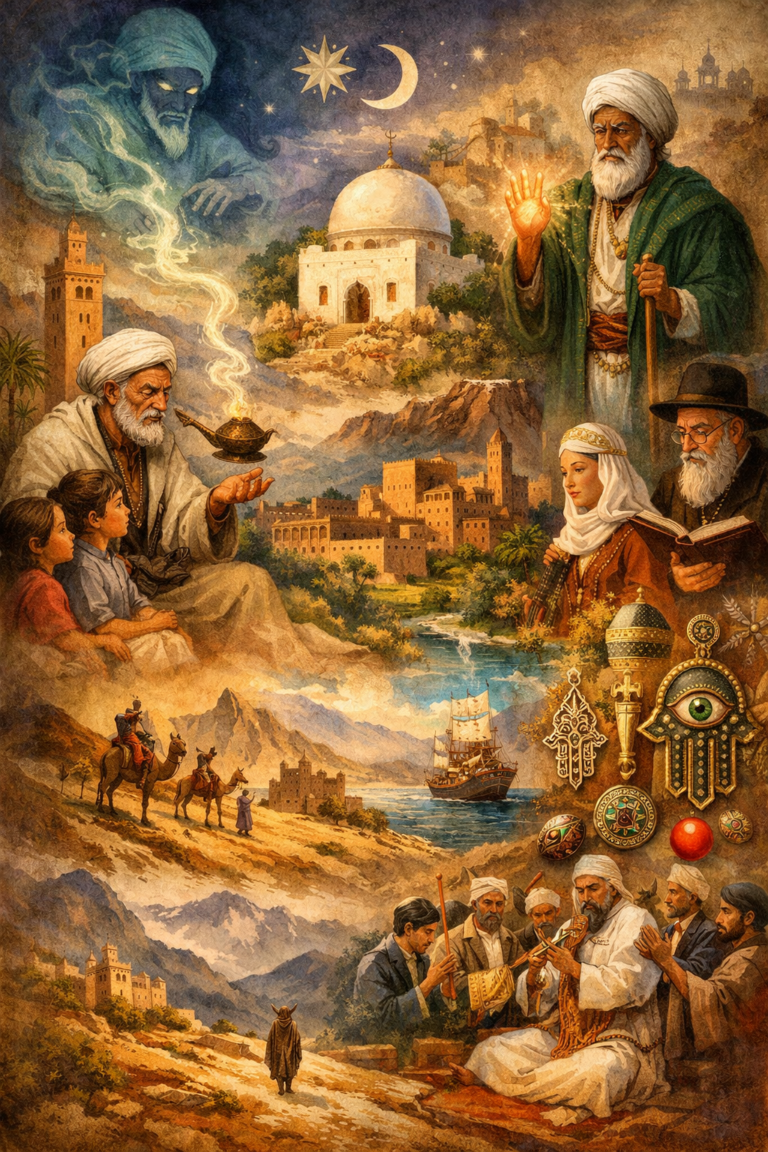 Illustration of Maghrebi and Andalusi sacred imagination featuring a storyteller, saintly figures, shrine architecture, desert and coastal travel, a jinn-like presence, Andalusi palaces, Jewish and Muslim memory, and ritual musicians across North Africa and al-Andalus.