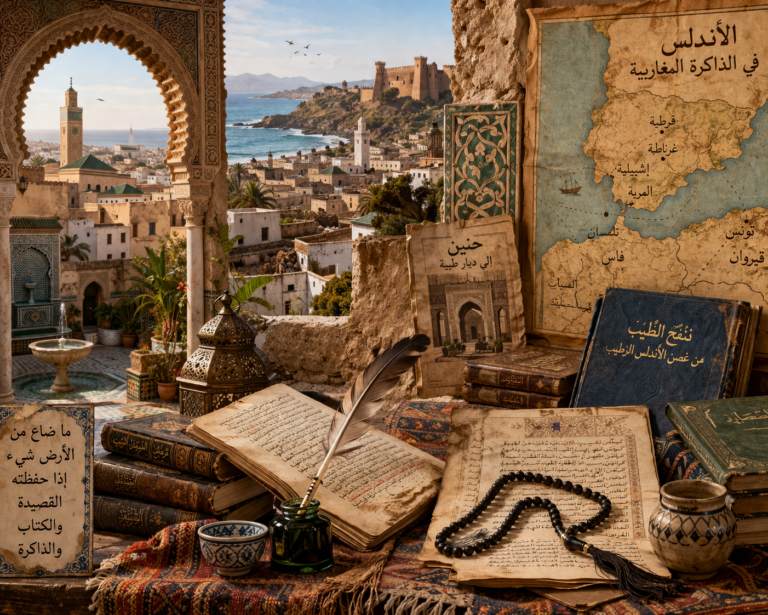 Editorial illustration of Maghrebi and Andalusi literature and cultural memory featuring coastal North African cityscapes, manuscripts, courtyards, Andalusi-Maghrebi architecture, and recollective Mediterranean motifs