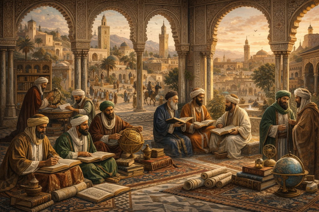 Editorial illustration of Maghrebi and Andalusi intellectual life featuring scholars in a North African and Andalusi courtyard, manuscripts, astronomical instruments, books, arches, and a layered urban landscape of domes, towers, and gardens