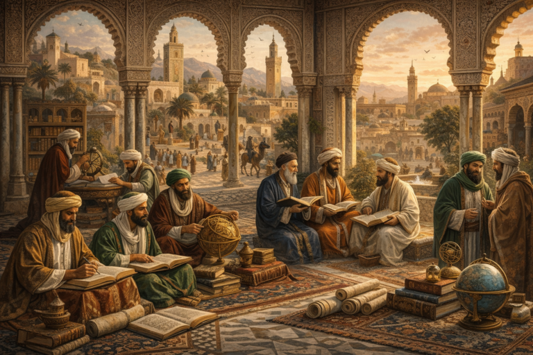 Editorial illustration of Maghrebi and Andalusi intellectual life featuring scholars in a North African and Andalusi courtyard, manuscripts, astronomical instruments, books, arches, and a layered urban landscape of domes, towers, and gardens