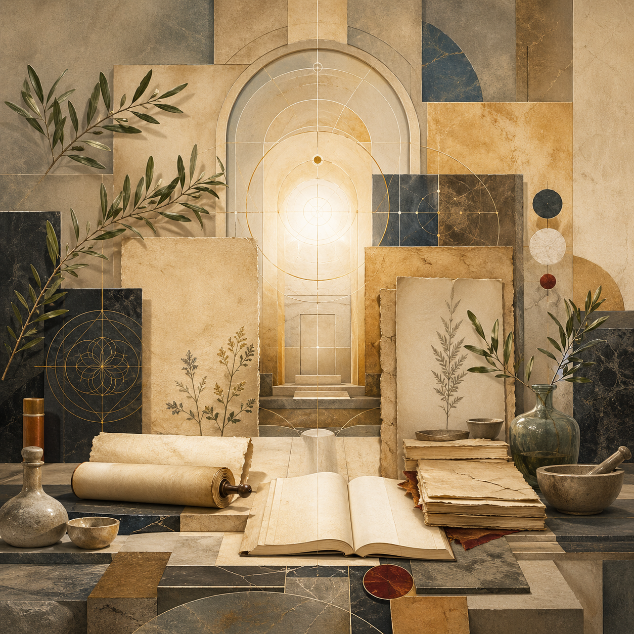 Non-figurative editorial illustration of blank manuscripts, an open book, olive branches, stone thresholds, luminous pathways, vessels, and geometric forms representing Maimonides, Ibn Sina, and the shared philosophical world of Arabic thought.