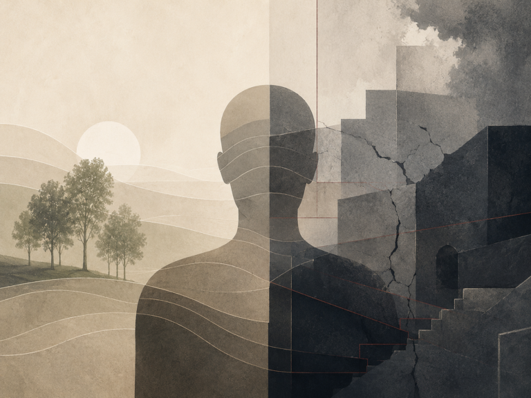Abstract institutional illustration of a human silhouette divided between calm organic landscape forms and darker fractured architectural shapes, representing maladaptive personality as a continuum between normal variation and clinical impairment.