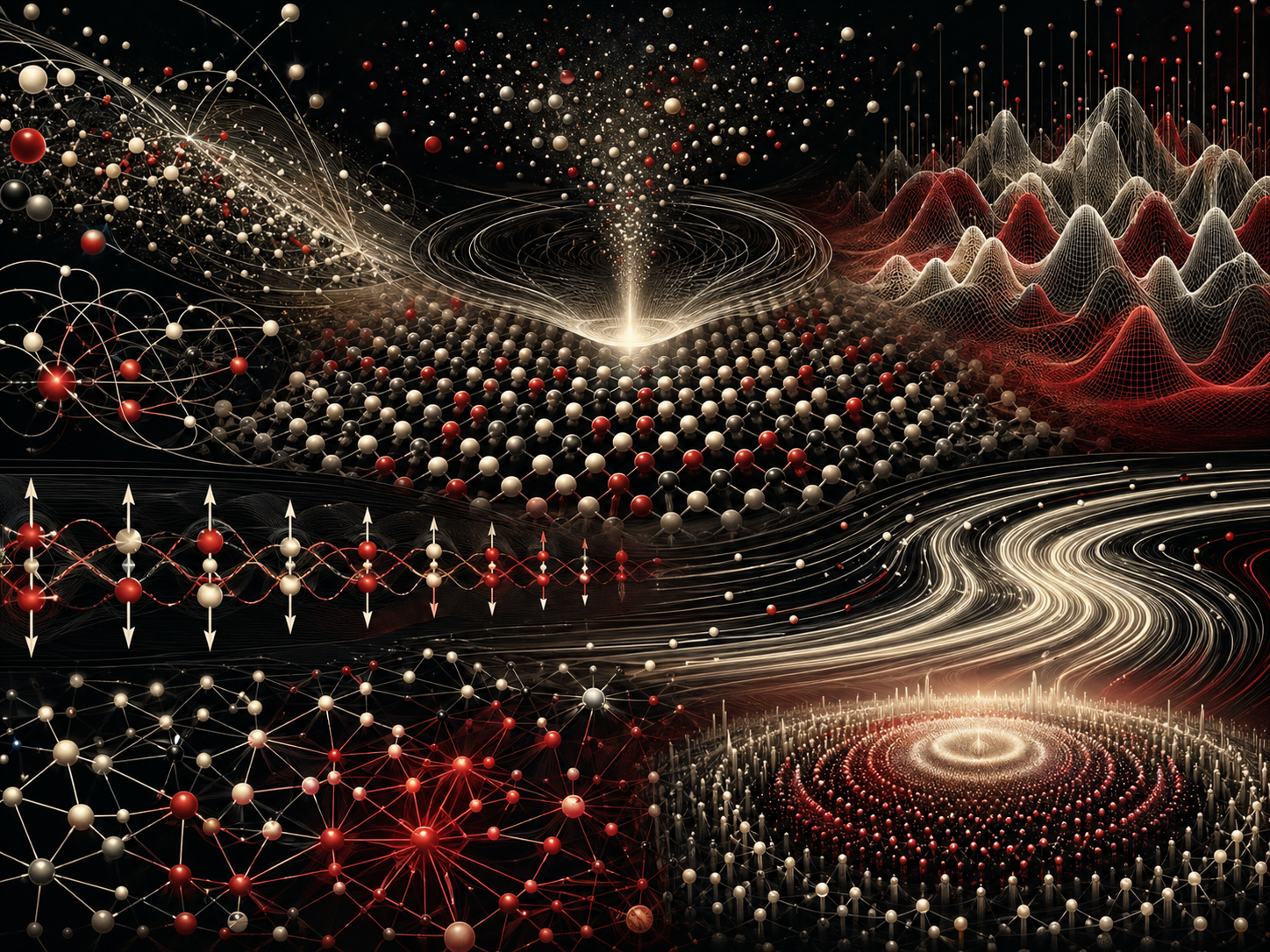 Editorial scientific illustration showing dense interacting particle fields, lattice structures, quasiparticle-like excitations, collective wave modes, spin-chain patterns, coherent flow, correlation networks, and emergent large-scale order.