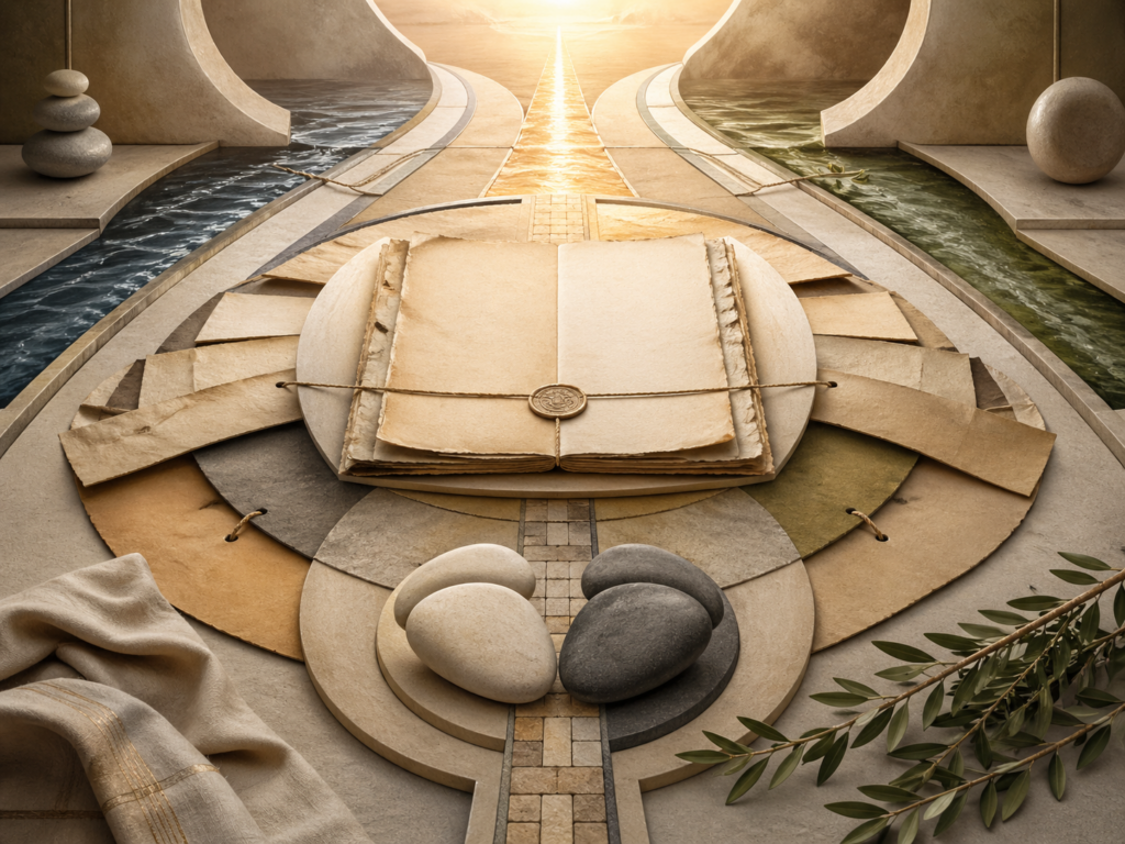 Non-figurative editorial illustration of blank covenant parchment, layered manuscripts, paired stone forms, water channels, olive branches, luminous pathways, and sacred geometry representing marriage, family, and covenant in Abrahamic law.