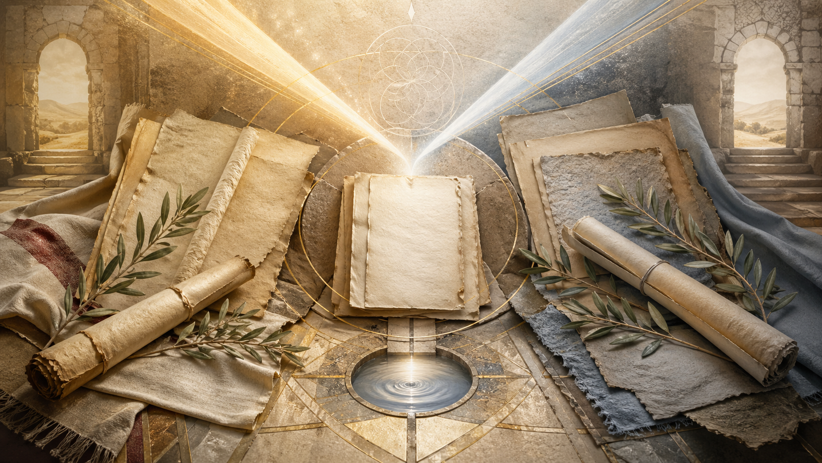 Non-figurative editorial illustration of blank parchment folios, scrolls, olive branches, folded linen, stone thresholds, water, and converging streams of light representing Mary / Maryam in Christian and Qur’anic sacred memory.