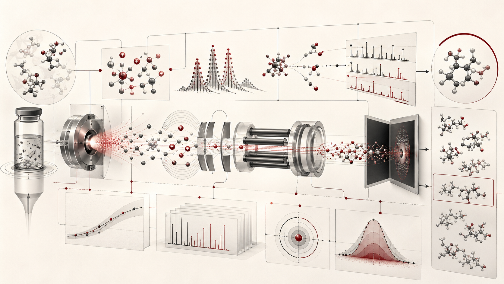 Abstract editorial scientific illustration showing mass spectrometry as a molecular detection workflow connecting sample introduction, ionization, charged molecules, mass-to-charge separation, isotope patterns, fragmentation, detector response, calibration, and chemical identification.