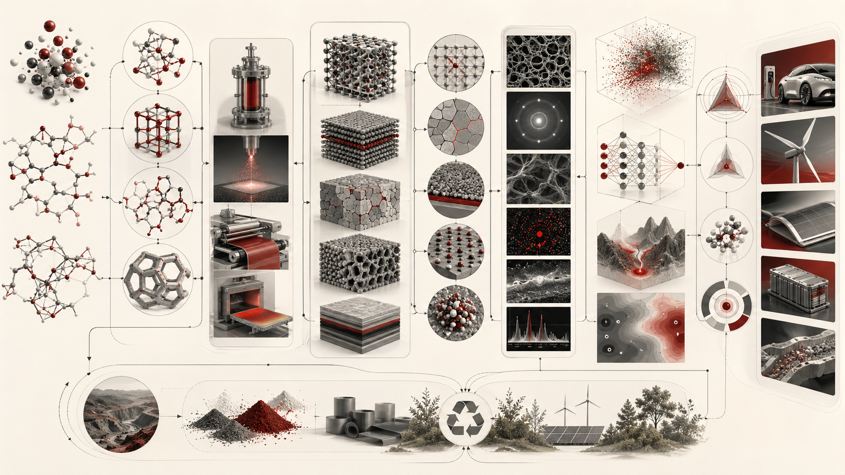 Abstract editorial scientific illustration showing materials chemistry as a design workflow connecting molecular composition, crystal structures, polymer chains, processing, microstructure, defects, characterization, computational screening, sustainability, and functional applications.