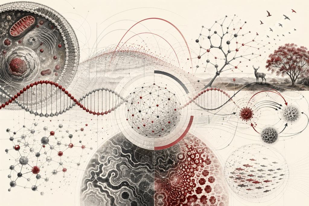 Abstract scientific illustration of mathematical biology showing cells, DNA-like structures, ecological networks, molecular nodes, feedback loops, population dynamics, and computational systems without text or labels.
