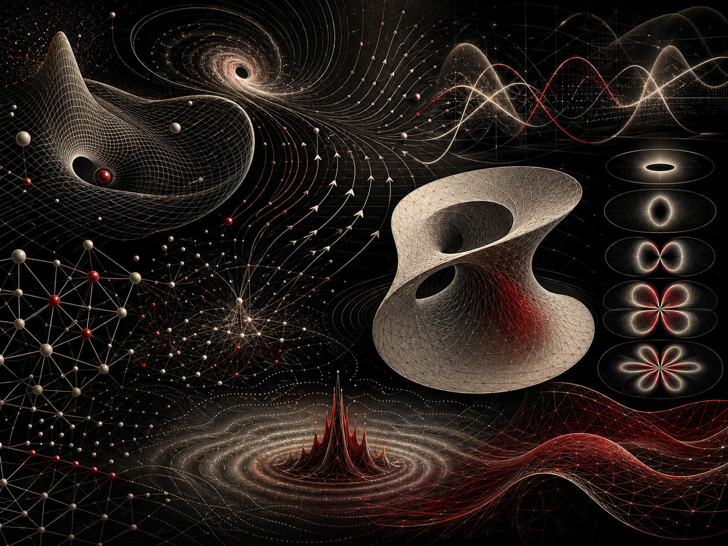 Editorial scientific illustration showing abstract mathematical structures, coordinate grids, vector-field arrows, waveforms, eigenmode patterns, tensor-like surfaces, and computational network forms.