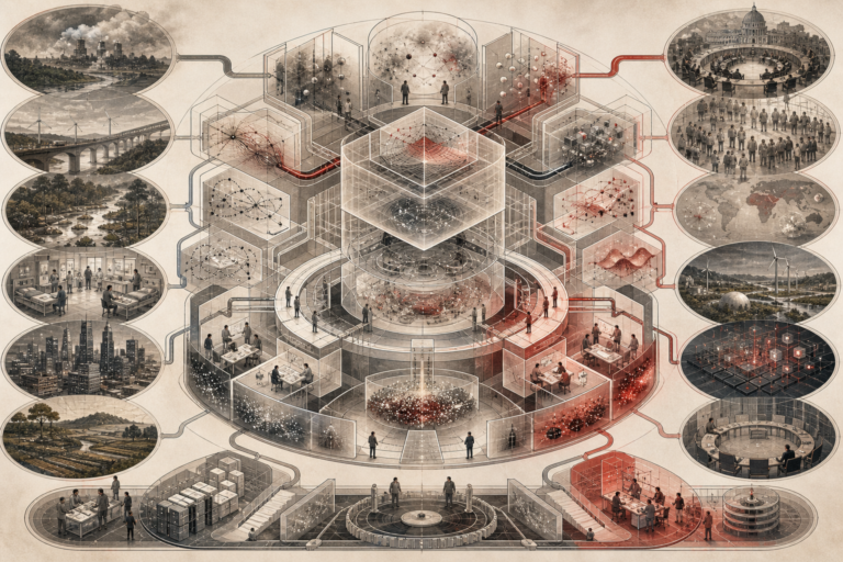 Editorial scientific illustration of mathematical modeling as a formal representation systems architecture, showing abstraction, assumptions, variables, parameters, constraints, simulation, calibration, validation, sensitivity analysis, uncertainty, robustness, scientific computing, systems modeling, decision support, infrastructure, sustainability, AI systems, and responsible model governance.