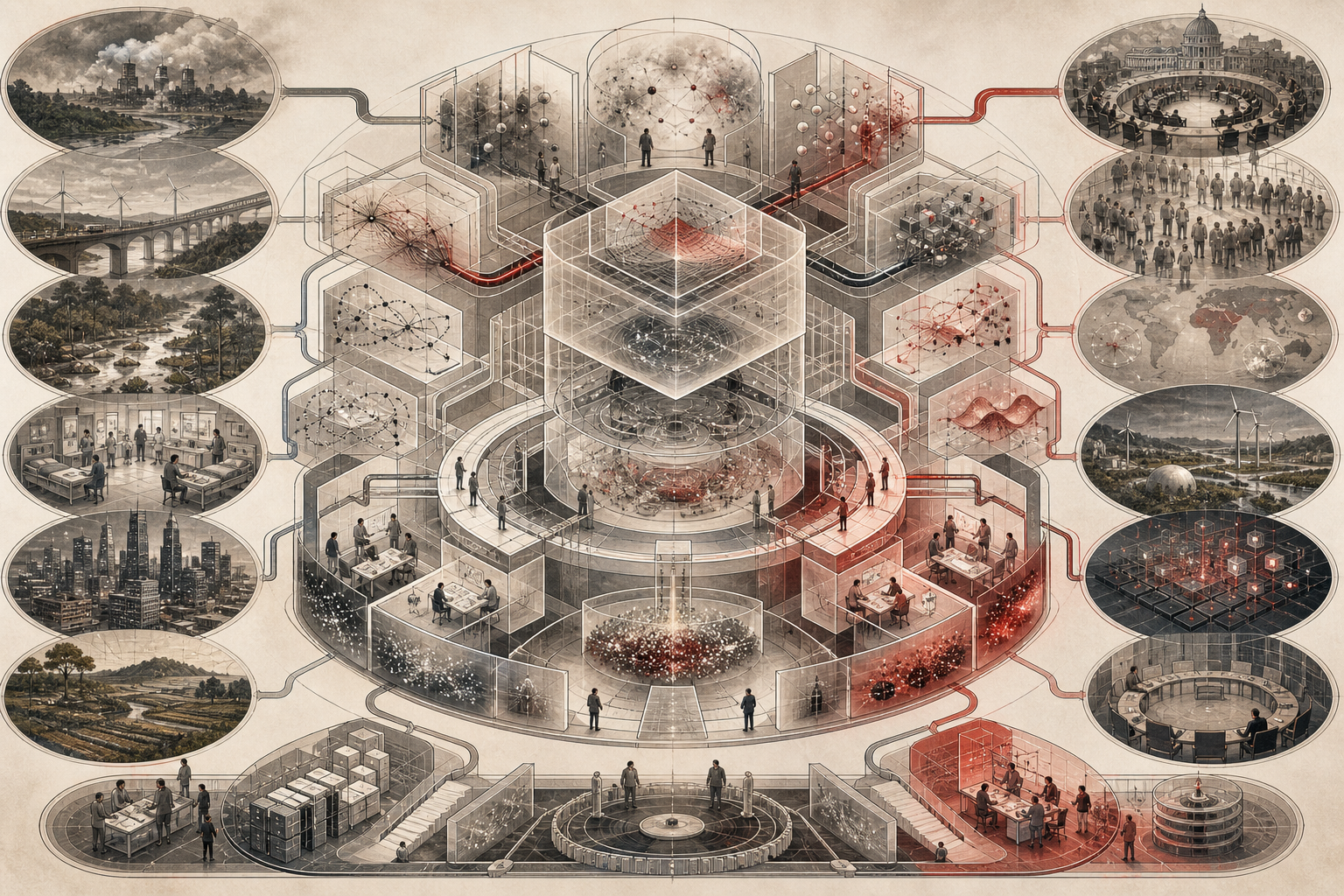 Editorial scientific illustration of mathematical modeling as a formal representation systems architecture, showing abstraction, assumptions, variables, parameters, constraints, simulation, calibration, validation, sensitivity analysis, uncertainty, robustness, scientific computing, systems modeling, decision support, infrastructure, sustainability, AI systems, and responsible model governance.