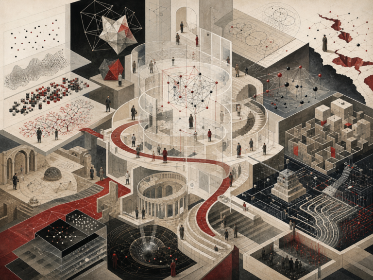 Editorial scientific illustration of mathematical thinking as a formal reasoning architecture, showing pattern recognition, abstraction, proof pathways, symbolic representation, recursion, graph structures, geometric reasoning, algorithms, counterexamples, and mathematical history.