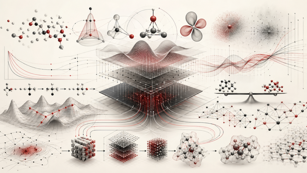 Abstract scientific illustration of mathematics for chemistry showing molecular geometry, reaction pathways, kinetic curves, thermodynamic surfaces, quantum orbital forms, probability clouds, coordinate grids, uncertainty ribbons, matrix-like layers, molecular networks, graph structures, and computational chemistry workflows without text or labels.
