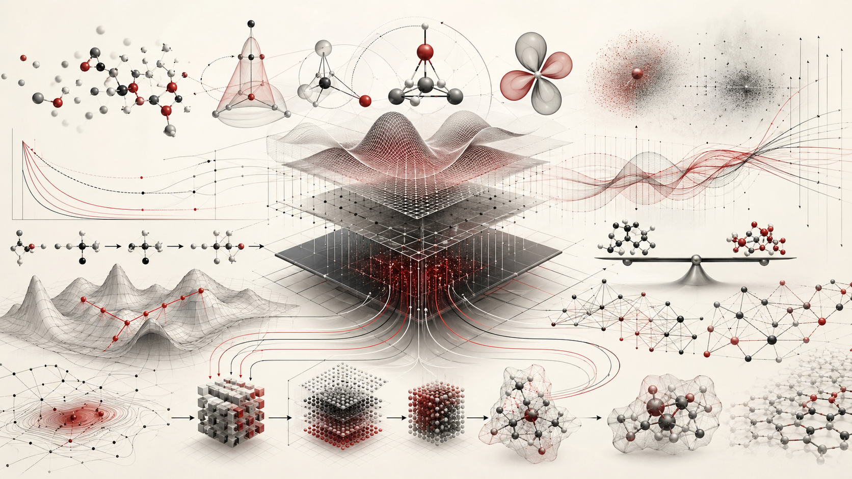 Abstract scientific illustration of mathematics for chemistry showing molecular geometry, reaction pathways, kinetic curves, thermodynamic surfaces, quantum orbital forms, probability clouds, coordinate grids, uncertainty ribbons, matrix-like layers, molecular networks, graph structures, and computational chemistry workflows without text or labels.