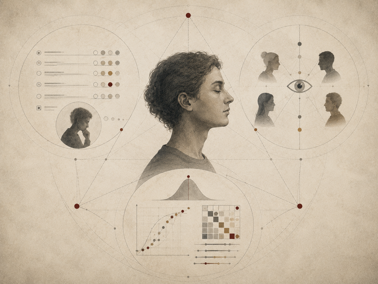 Restrained institutional illustration of a human profile surrounded by self-report forms, observer-rating diagrams, statistical charts, and psychometric measurement symbols.