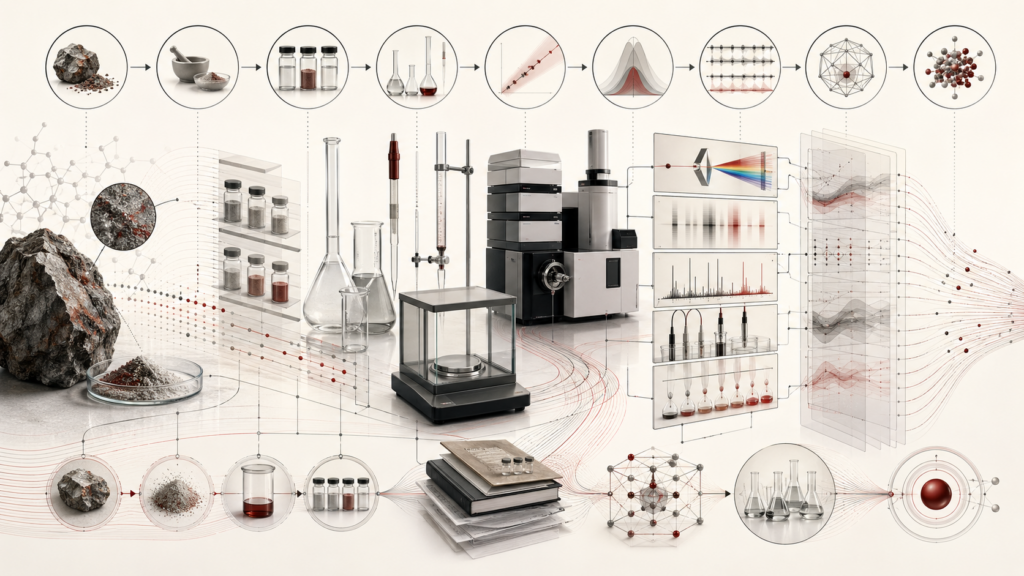 Abstract scientific illustration of chemical measurement showing raw samples, precision balance, volumetric glassware, pipettes, burettes, sealed containers, calibration geometry, uncertainty bands, analytical instruments, spectroscopy light paths, chromatography-like separation bands, sensor arrays, reproducible data workflows, laboratory records, molecular structures, and traceability pathways without text or labels.