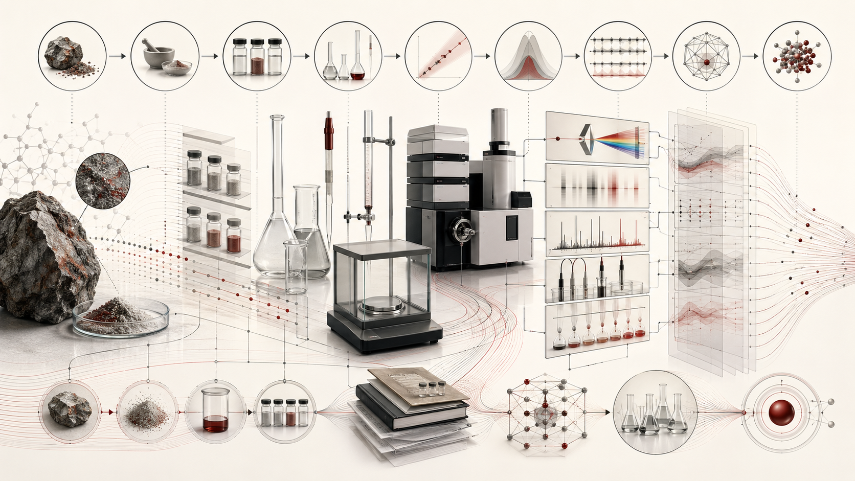 Abstract scientific illustration of chemical measurement showing raw samples, precision balance, volumetric glassware, pipettes, burettes, sealed containers, calibration geometry, uncertainty bands, analytical instruments, spectroscopy light paths, chromatography-like separation bands, sensor arrays, reproducible data workflows, laboratory records, molecular structures, and traceability pathways without text or labels.
