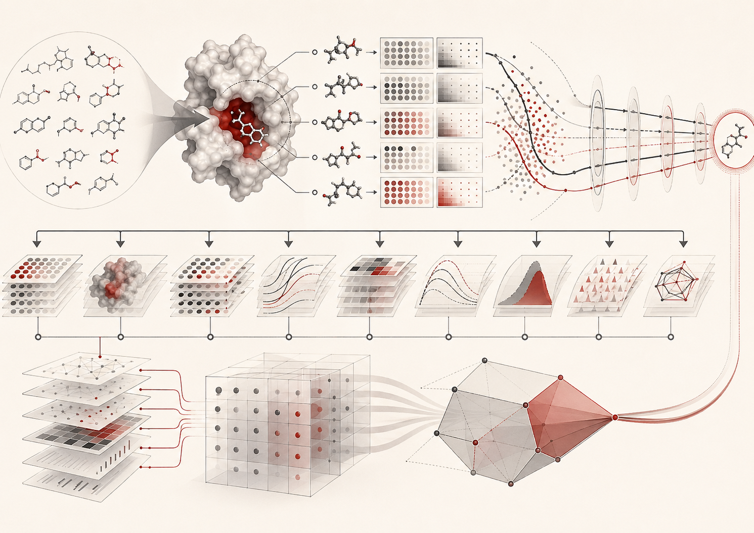 Editorial scientific illustration of medicinal chemistry as an integrated drug-discovery workflow, showing abstract molecular structures, target-binding forms, assay arrays, ADMET screening layers, pharmacokinetic pathway arcs, safety-liability signals, decision matrices, and candidate-selection geometry in cream, black, muted gray, white, and deep red.