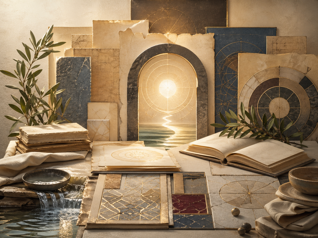 Non-figurative editorial illustration of layered parchment, luminous mercy pathways, balanced geometric structures, water traces, olive branches, folded linen, stone thresholds, and soft gold illumination representing mercy, beauty, and discipline in the Islamic tradition.