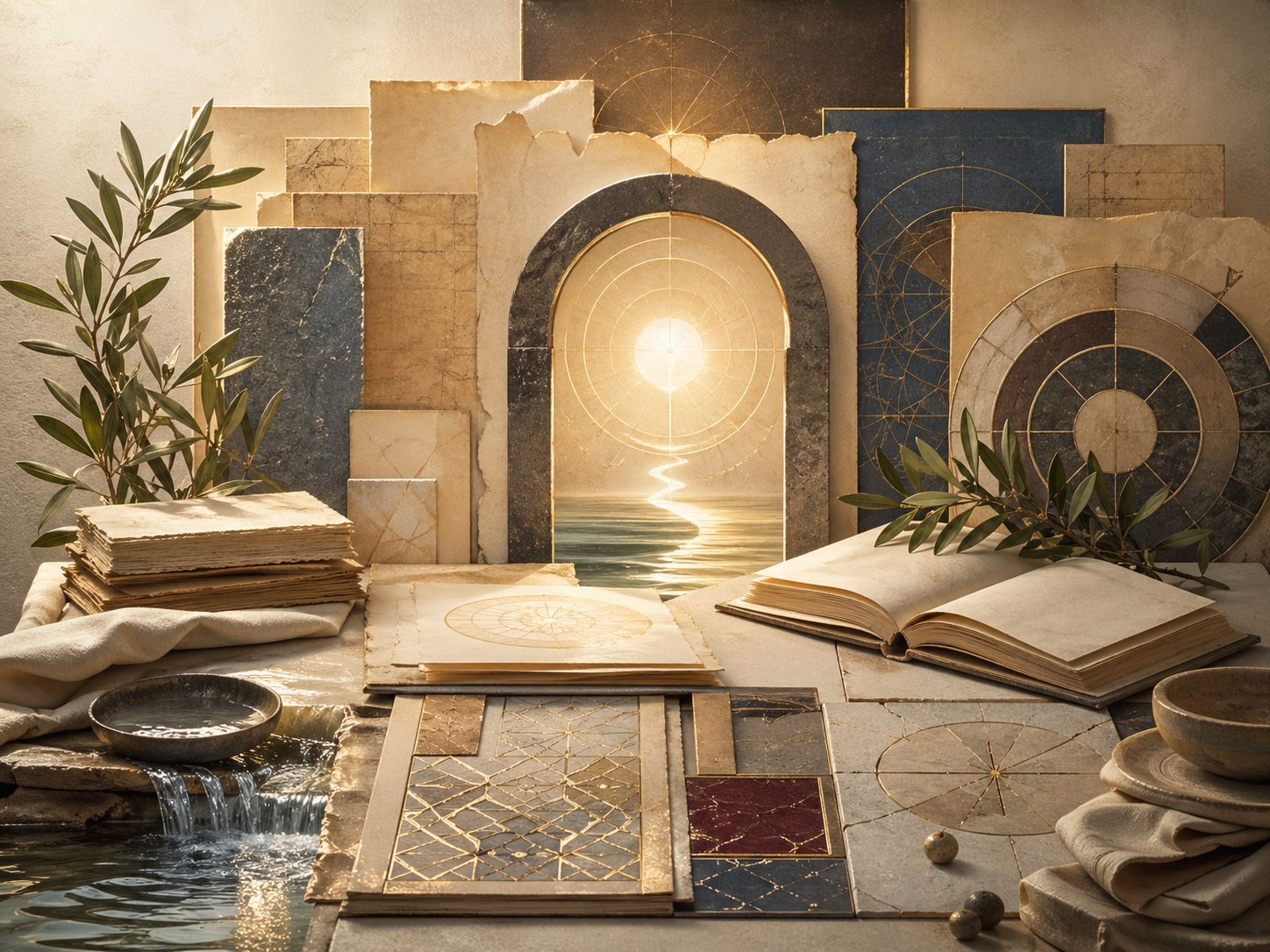 Non-figurative editorial illustration of layered parchment, luminous mercy pathways, balanced geometric structures, water traces, olive branches, folded linen, stone thresholds, and soft gold illumination representing mercy, beauty, and discipline in the Islamic tradition.
