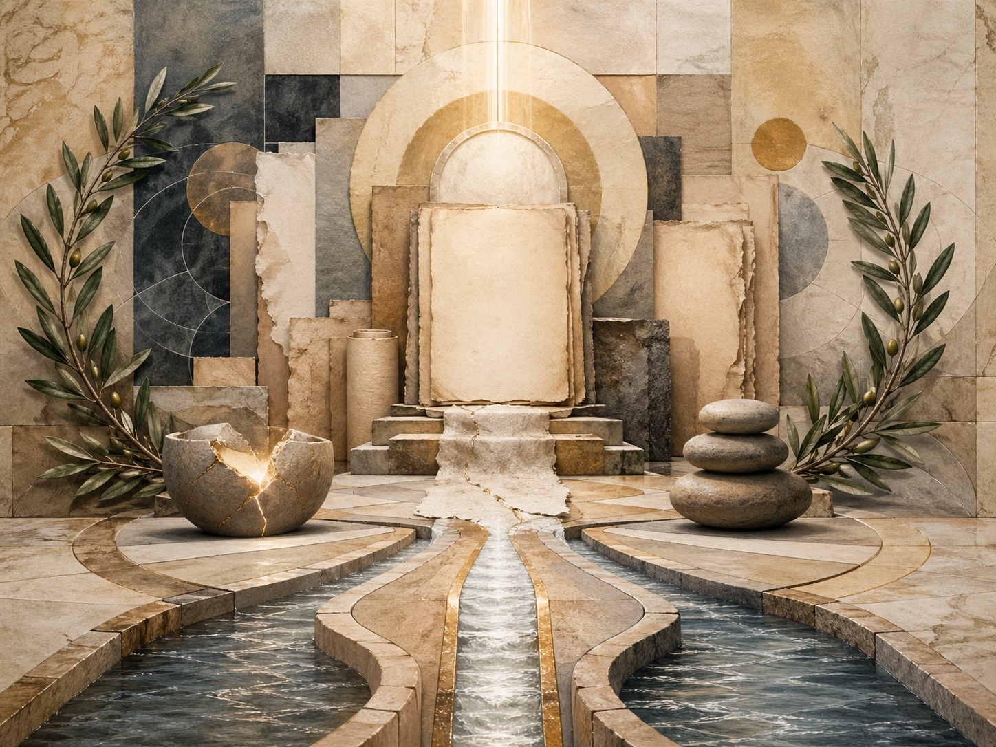 Non-figurative editorial illustration of blank manuscripts, luminous pathways, water traces, olive branches, balanced stone forms, and sacred geometry representing mercy, justice, and repentance in Abrahamic law.