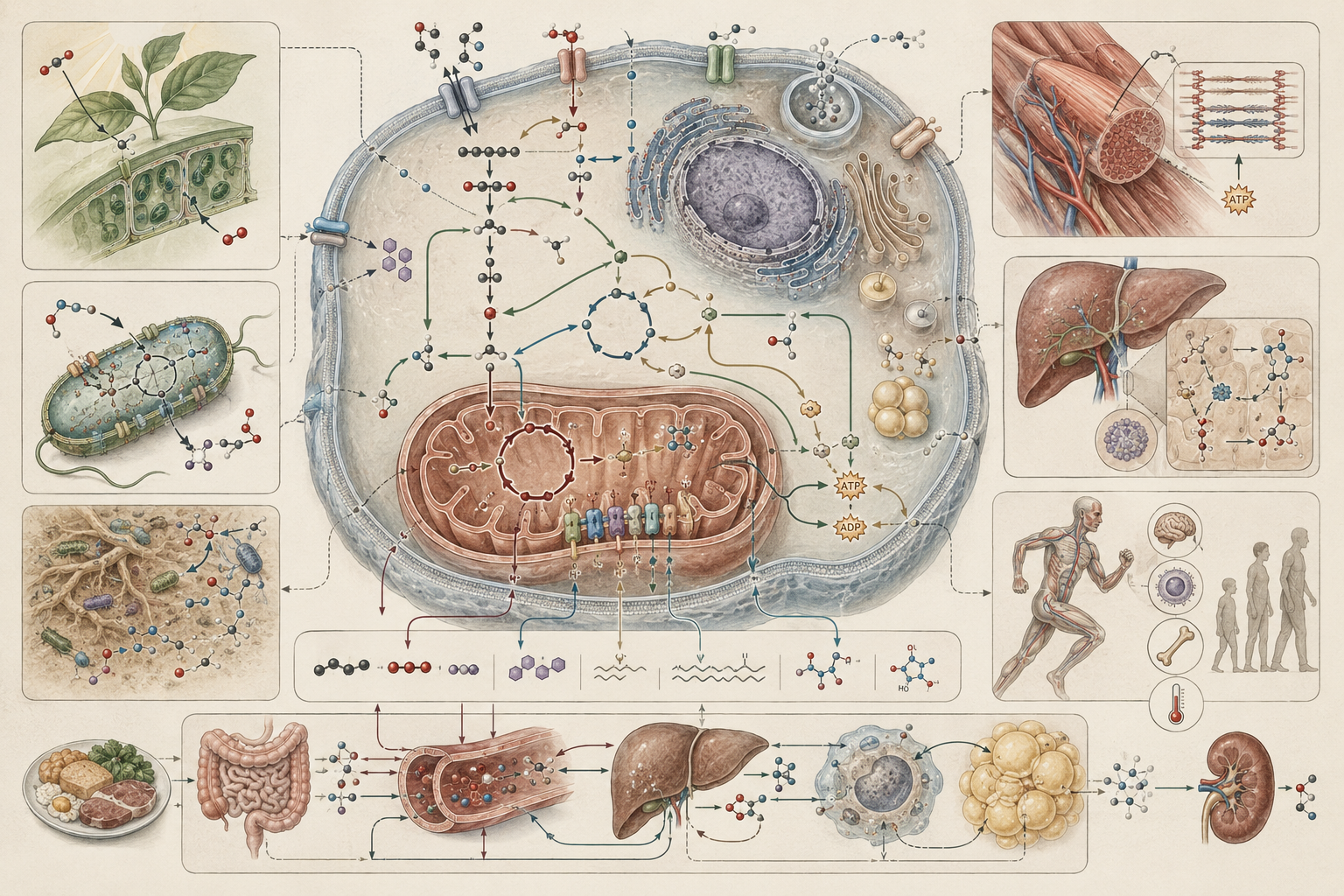 Research-grade systems biology illustration showing a cell with mitochondria, metabolic pathways, ATP production, nutrient flow, membrane transport, plant photosynthesis, microbial metabolism, digestion, liver function, muscle energy use, adipose tissue, kidney regulation, and whole-body energy balance.