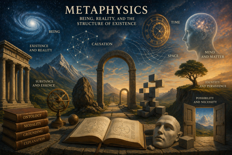 Surreal editorial image representing metaphysics through cosmic space, ancient architecture, books, geometric forms, a human head, and symbolic scenes of being, causation, time, possibility, and reality