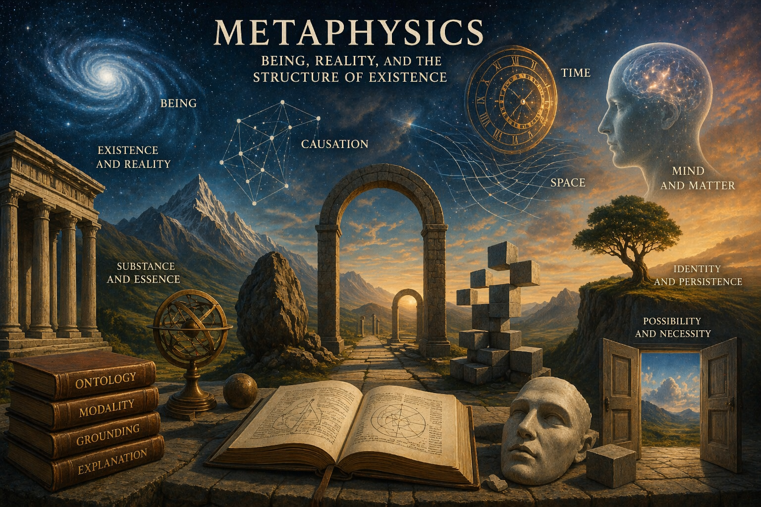 Surreal editorial image representing metaphysics through cosmic space, ancient architecture, books, geometric forms, a human head, and symbolic scenes of being, causation, time, possibility, and reality