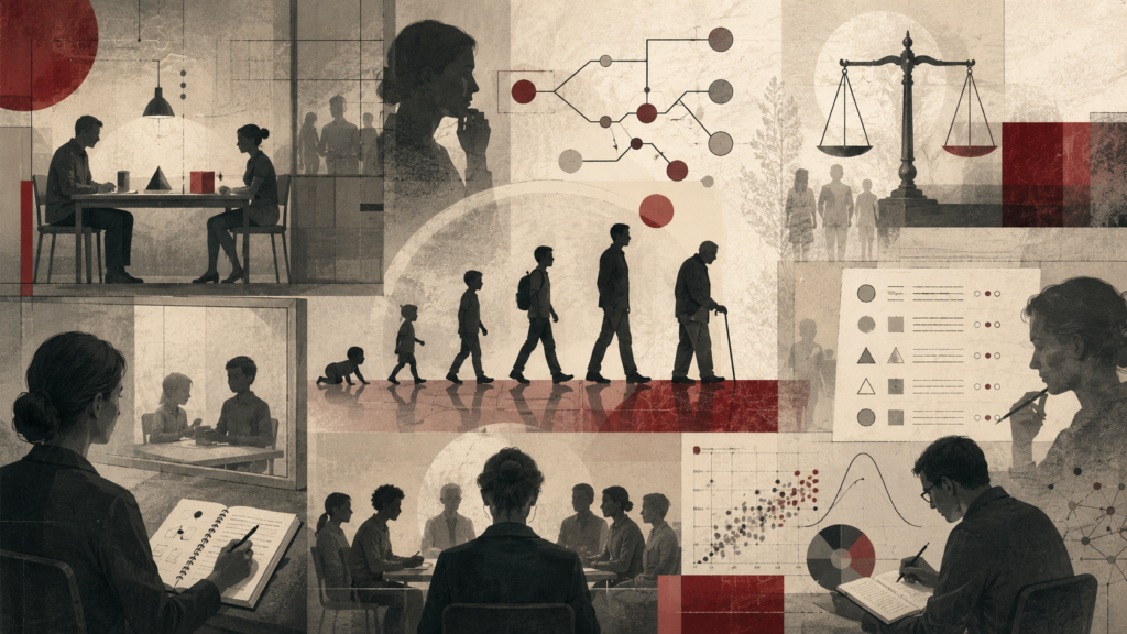 Editorial illustration of moral psychology research methods, showing experimental observation, developmental stages, measurement forms, ethical scales, decision diagrams, and data analysis.